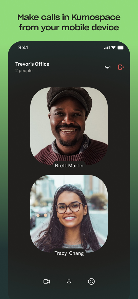 Interface do aplicativo móvel Kumospace mostrando uma chamada de vídeo entre dois colegas em um escritório virtual