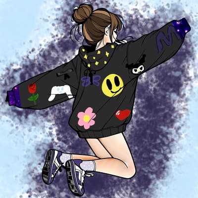 realistic girl jumping with a bun and oversized sweatshirt