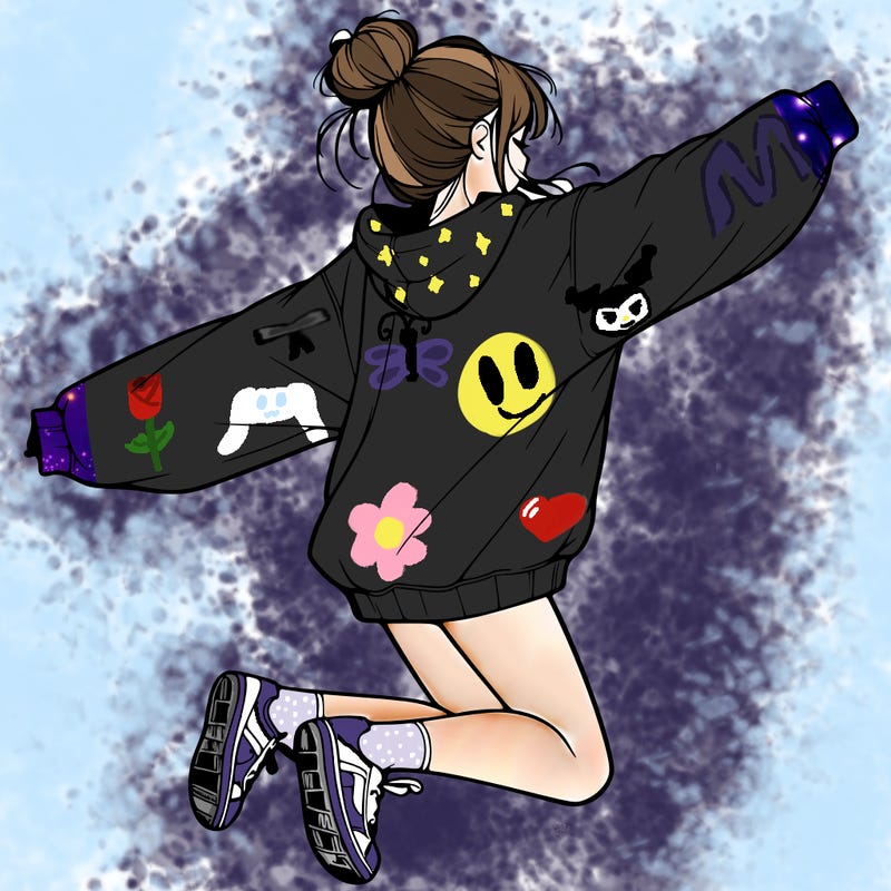 realistic girl jumping with a bun and oversized sweatshirt
