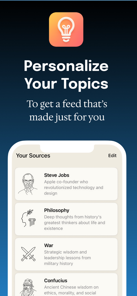 Quotebook - Daily Quotes - Screen showing options to personalize quote topics and sources in the Quotebook app