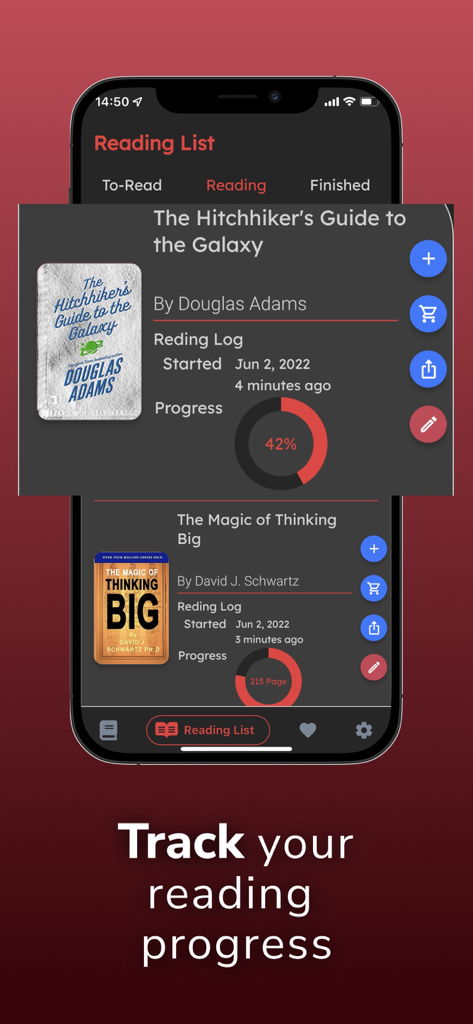 Bookshelf: Book Tracker, Club - 독서 목록에 있는 책의 독서 기록 및 원형 진행률 차트를 보여주는 Bookshelf 앱의 모바일 인터페이스