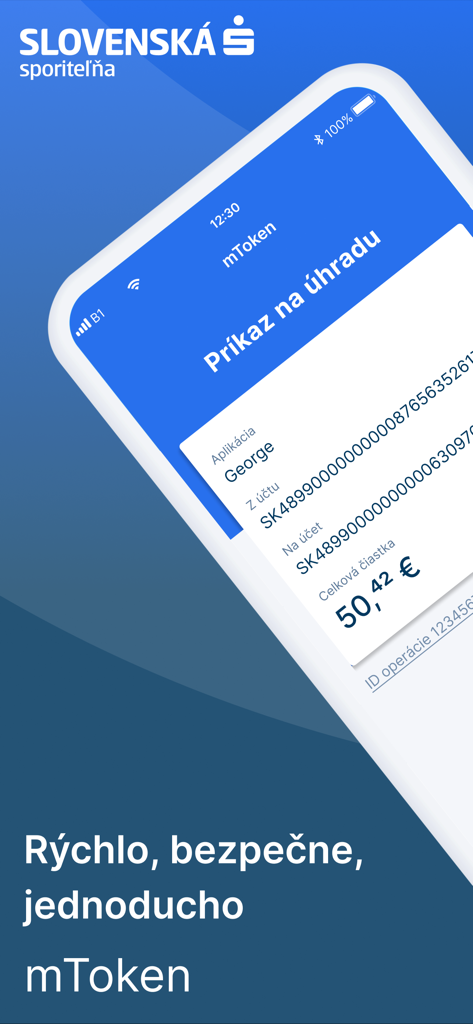 SLSP mToken app interface showing a payment authorization screen for Slovenska sporitelna bank