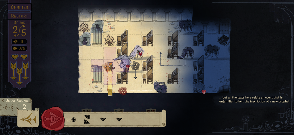 Howl - A tactical turn based gameplay screen of Howl showing a character planning moves against wolves on a grid using a living ink art style.