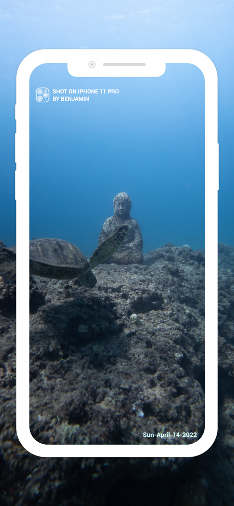 Underwater photo of a sea turtle and Buddha statue featuring a Shot on iPhone watermark and date stamp