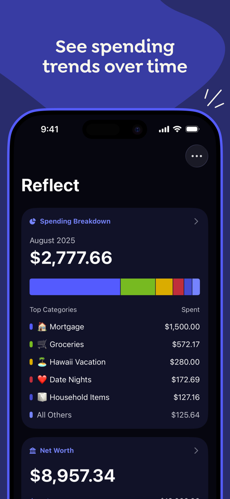 YNAB app dashboard showing monthly spending breakdown by category and net worth tracking.