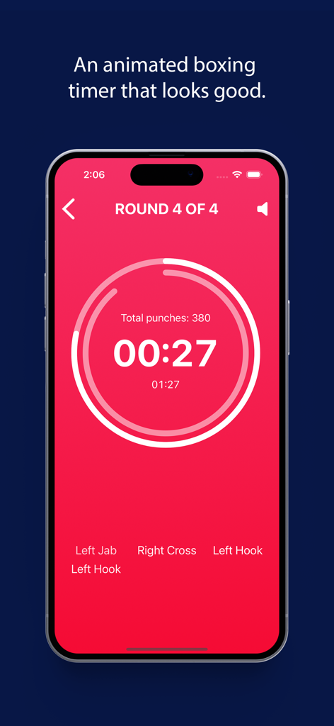 Boxing Coach Workout Timer - Interface of the Boxing Coach app showing a round timer, total punch count, and boxing combinations on a red background.