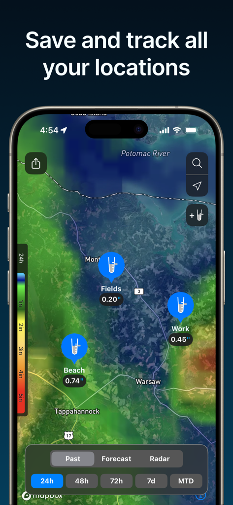 Interfaz de la aplicación RainDrop que muestra un mapa con totales precisos de lluvia para múltiples ubicaciones guardadas, incluyendo campos y sitios de trabajo