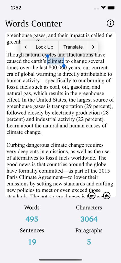 A screenshot of Words Counter Plus app showing word and character count statistics for an article.