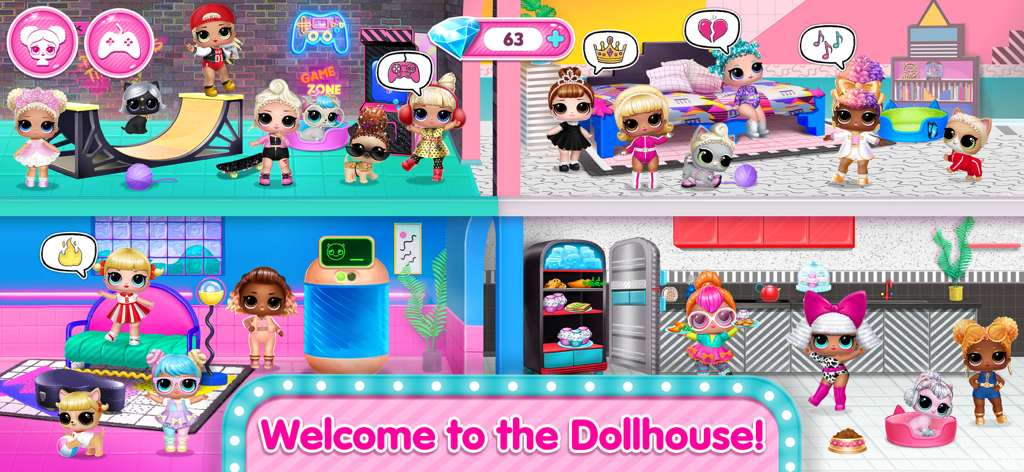 A multi-room view of the L.O.L. Surprise! virtual dollhouse with dolls and pets playing in different areas.