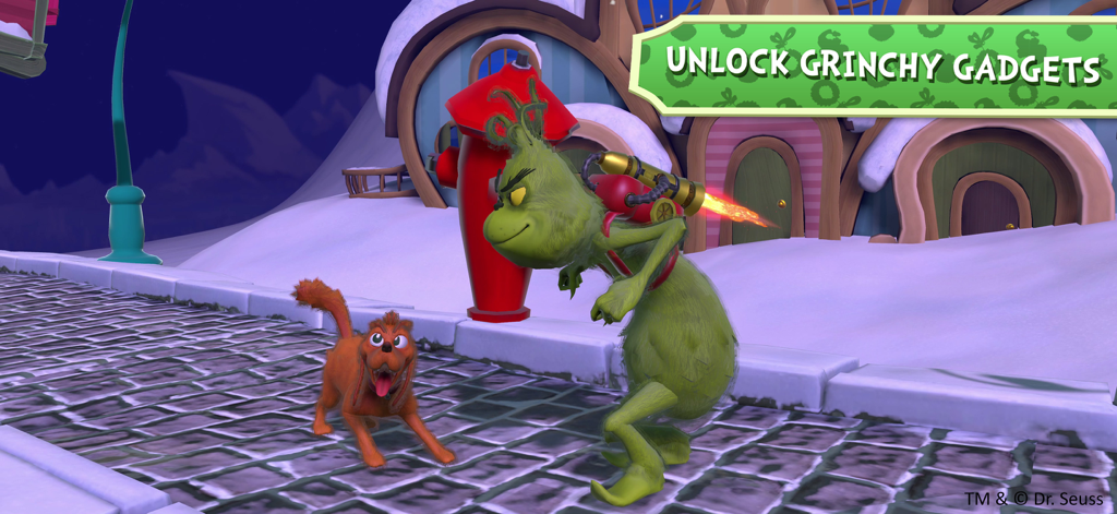 The Grinch - The Grinch wearing a jetpack gadget standing next to Max the dog in snowy Whoville