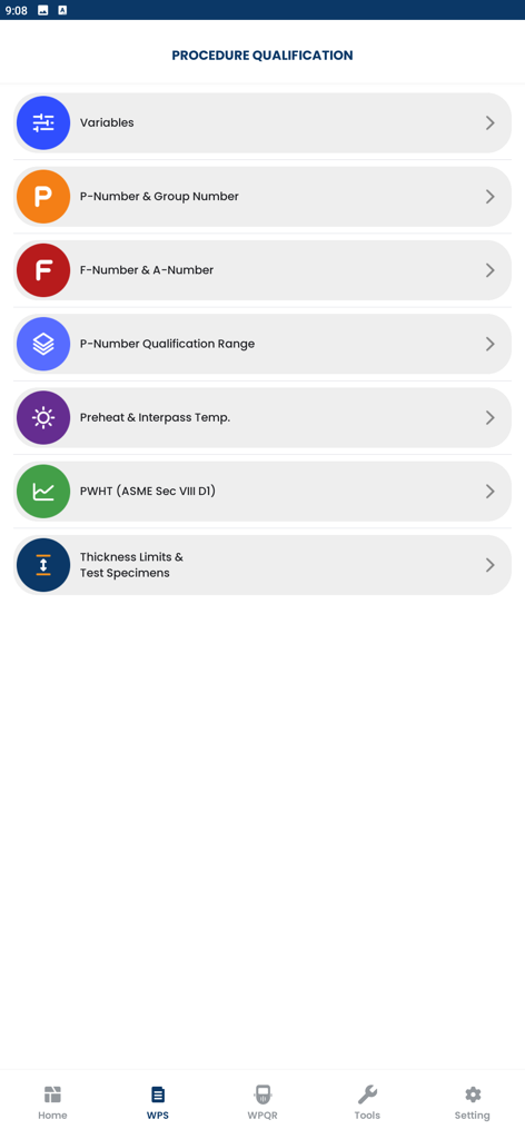 ASME IX Welding - Menü zur Verfahrensqualifizierung in der ASME IX Welding App mit Abschnitten für Variablen, Materialnummern und Dickenlimits