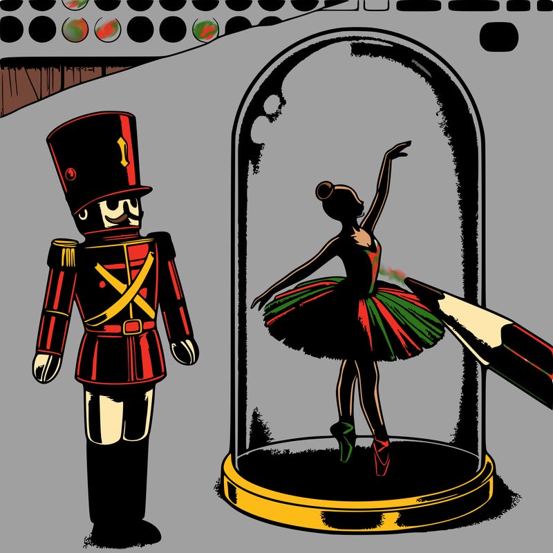 picture a tin soldier gazing up at a ballerina inside a glass dome. the scene is in black and white, designed to be easy and playful for coloring, with a flat, simple style that children will enjoy bringing to life, chibi style