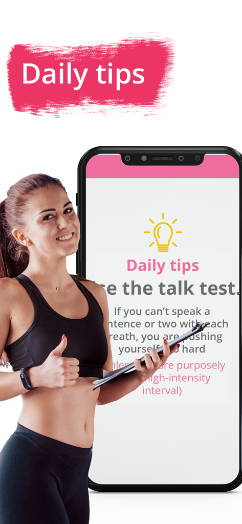 Lose Belly Fat in 30 Days - A woman giving a thumbs up next to a mobile phone screen showing daily fitness tips