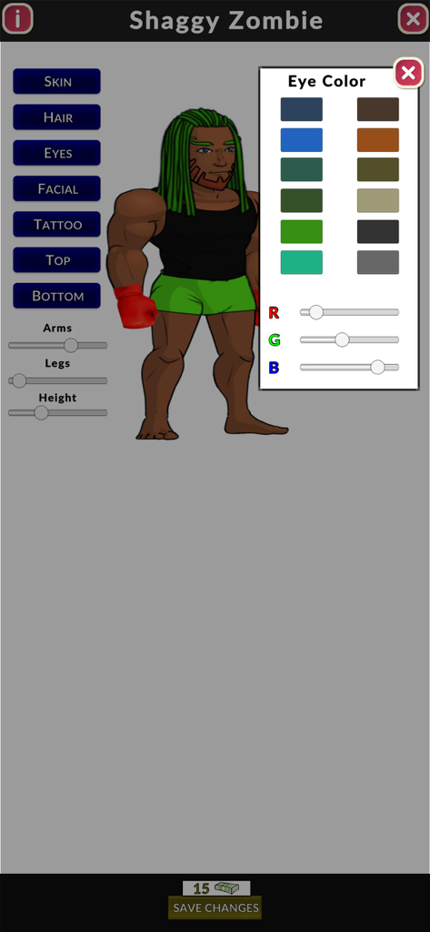 Ultimate Boxing Manager - Boxer character customization screen in Ultimate Boxing Manager showing appearance options and color selectors