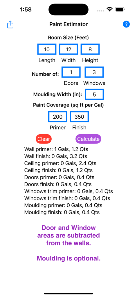 Mobile app screen showing a paint quantity calculator with room dimensions and estimated gallons of primer and finish