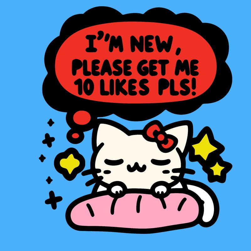 kitty taking a nap dream talking and saying "i'm new, please get me at least 10 likes pls!!"