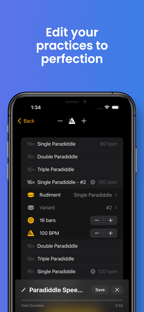 Pantalla de la aplicación móvil para editar rutinas de práctica de batería con varios rudimentos de paradiddle y ajustes de BPM.
