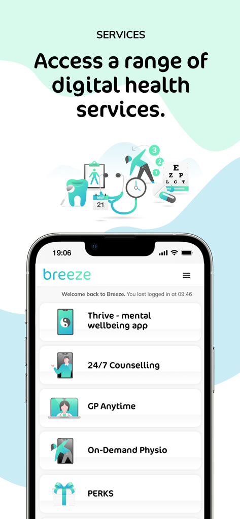 Breeze: Health & Wellbeing - Breeze mobile app screen showing a menu of health and wellbeing services including mental health support GP access and employee perks