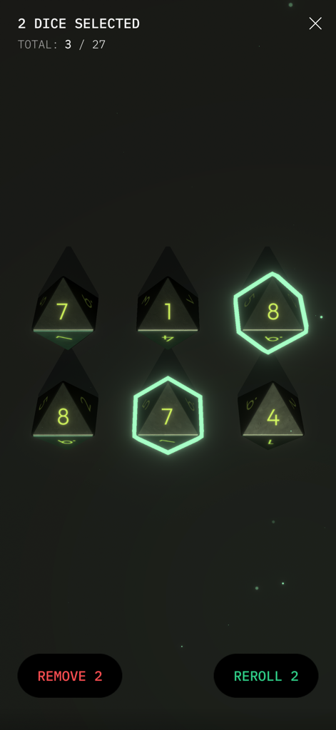 Mighty Dice - A screenshot of the Mighty Dice app showing two dice selected with options to reroll or remove them