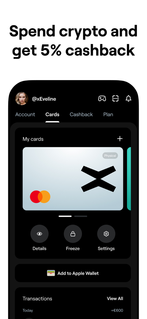 xPortal app interface displaying a crypto debit card with a 5 percent cashback offer and Apple Wallet integration