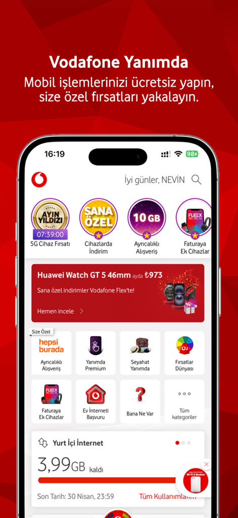 Main interface of the Vodafone Yanımda app displaying data usage and various mobile services.