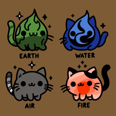 4 cats that represent the different elements, earth, water, air, and fire