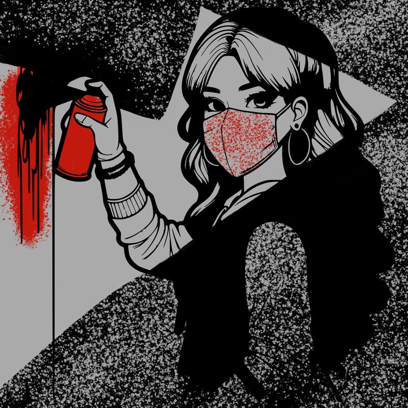 realistic girl with mask spray painting a wall