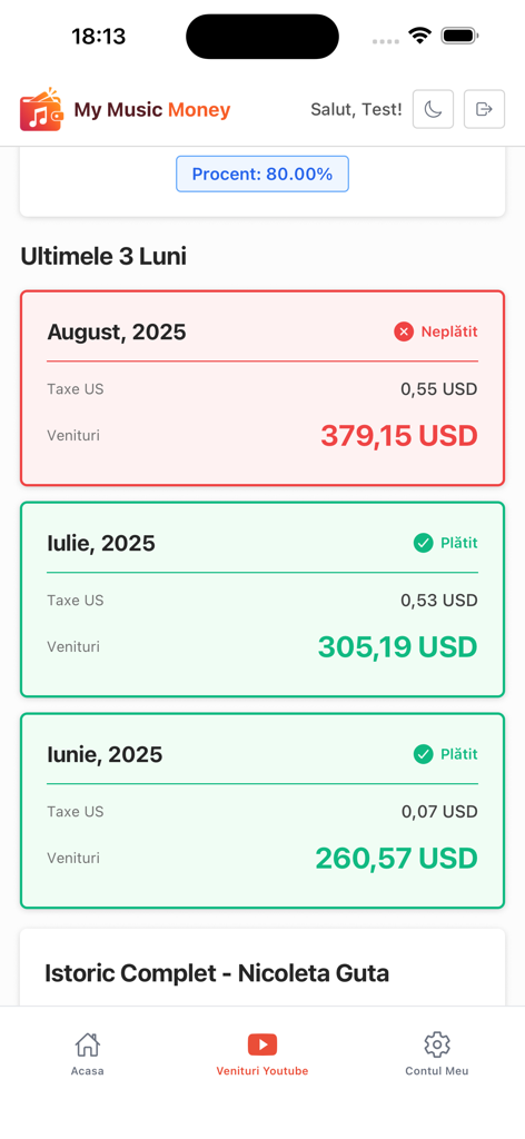 My Music Money - Panel de la aplicación My Music Money que muestra los ingresos mensuales de YouTube y el estado de pago para creadores independientes.