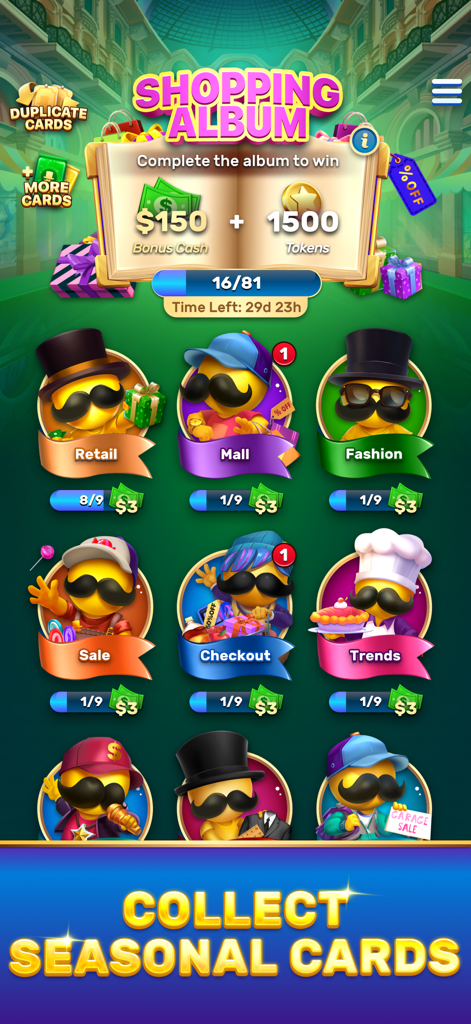 Solitaire Royale shopping album screen showing collectible seasonal cards and cash prizes