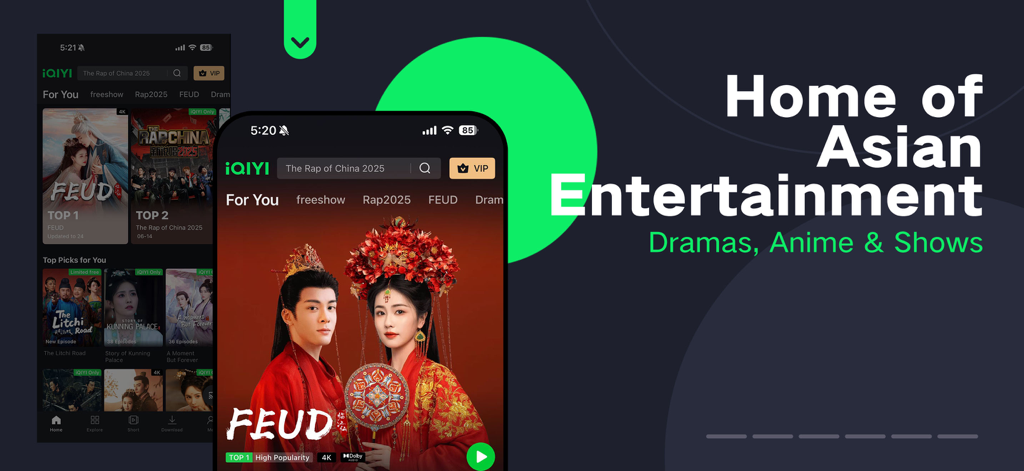 La interfaz de la aplicación iQIYI en un dispositivo móvil con dramas y anime asiáticos populares con el lema Home of Asian Entertainment.