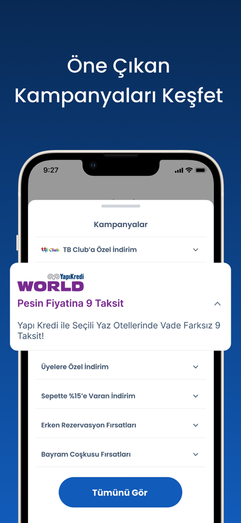 Tatilbudur mobile app screen showing travel deals and campaigns including early booking discounts and installment payment options