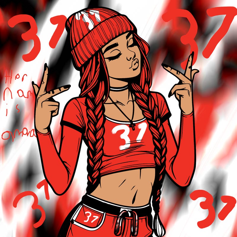 realistic teenage girl with braids and a beanie and crop top doing 🫶🏼