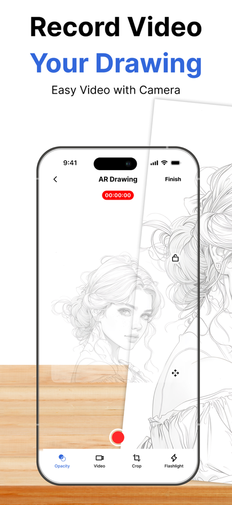 AR Drawing: Easy Sketch - Smartphone displaying AR Drawing app recording a sketch of a portrait on paper