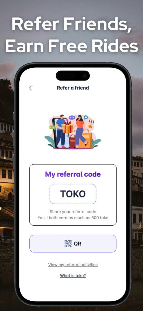 무료 차량 호출 및 로열티 보상을 받기 위한 추천 코드를 보여주는 Patoko 앱 친구 추천 화면