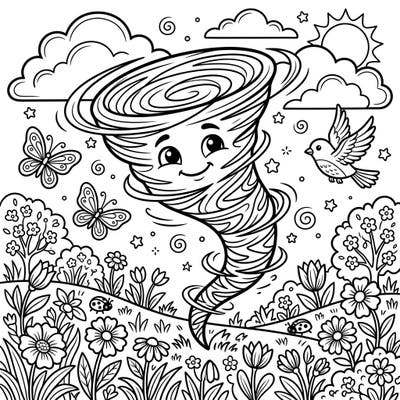 Bring a smile to your child's face with this delightful coloring page featuring a friendly tornado amidst a blossoming spring landscape. It's an imaginative way for kids to explore the wonders of nature and seasons.