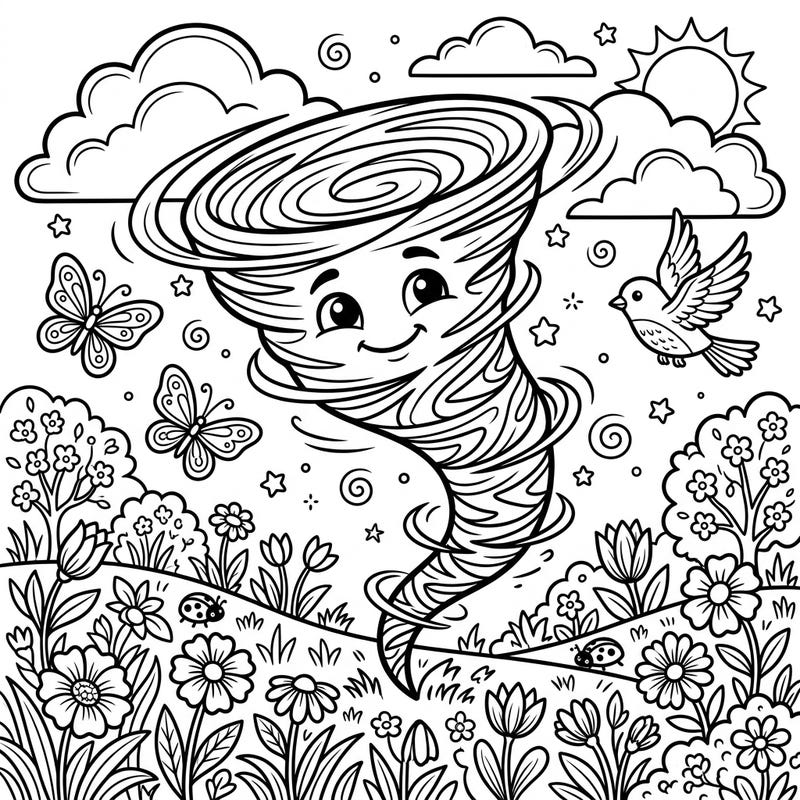 Bring a smile to your child's face with this delightful coloring page featuring a friendly tornado amidst a blossoming spring landscape. It's an imaginative way for kids to explore the wonders of nature and seasons.