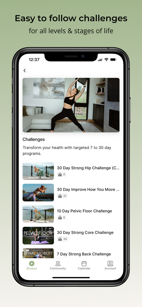 Defy by Dr.Melissa - Defy by Dr. Melissa app showing various 7 to 30 day fitness challenges for core and pelvic health