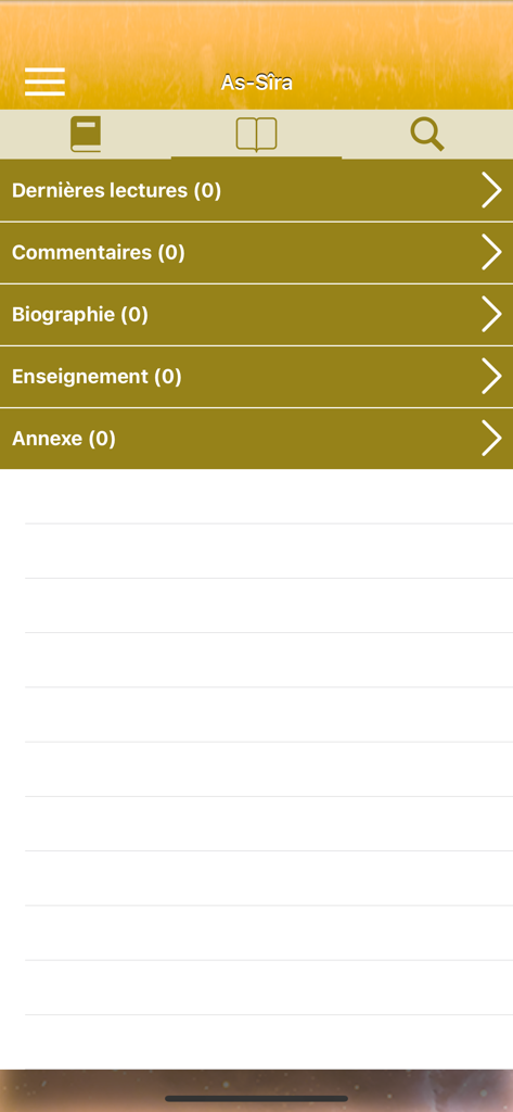 Menú principal de la aplicación móvil As-Sira Profeta Mahoma que muestra secciones como Biografía y Enseñanza en francés.