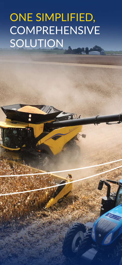 New Holland FieldOps™ - Uma colheitadeira amarela e um trator azul trabalhando em um campo com o texto Uma Solução Abrangente Simplificada