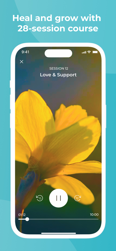 Mobile app interface showing an audio session titled Love and Support with a yellow flower background and playback controls