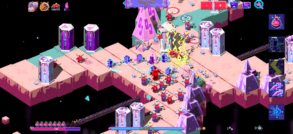 Neon Spellstorm - Un mago usando hechizos de magia de neón para luchar contra enjambres de enemigos en un camino flotante de vóxeles en Neon Spellstorm.