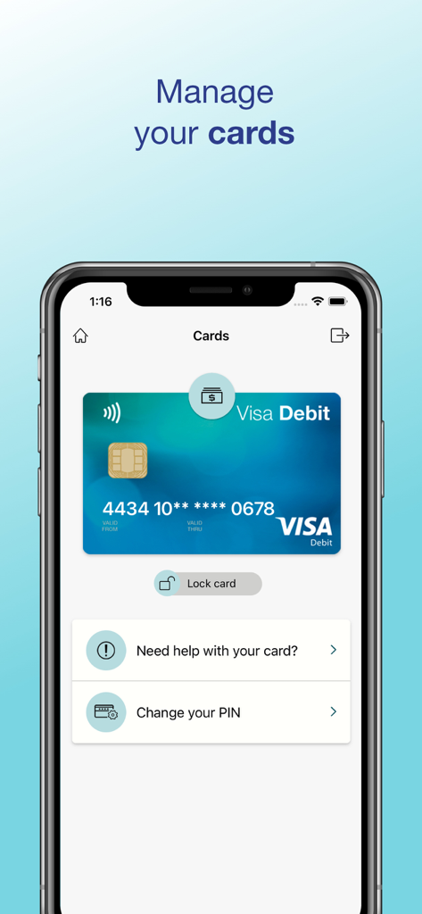 Reliance Bank - Reliance Bank mobile app interface showing Visa Debit card management with lock card and change PIN options.
