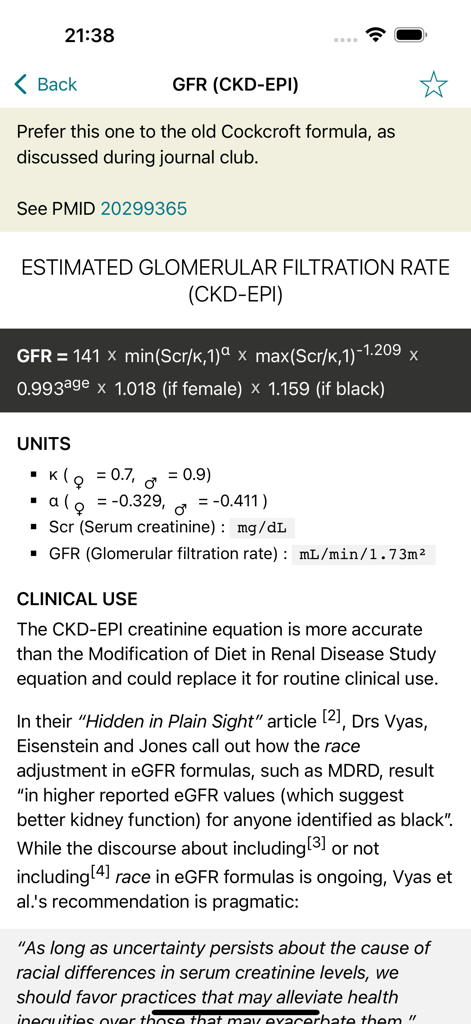 MedCalX app interface showing the GFR CKD-EPI medical formula with clinical use notes and bibliographic references