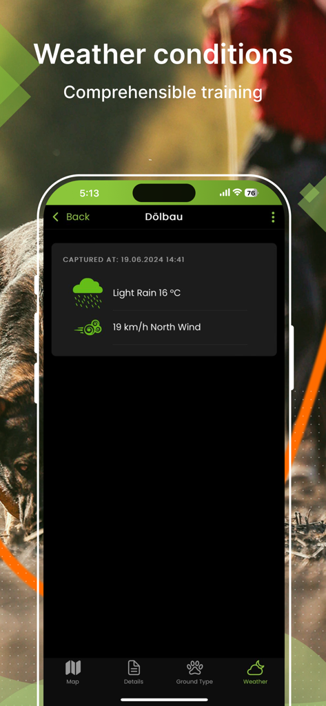 tracking-dog 2026 - Interface of tracking-dog 2026 app showing recorded weather conditions like light rain and wind speed for dog training