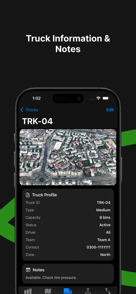 Maps 4u - Detailed truck profile view in Maps 4u app displaying truck ID capacity driver and maintenance notes
