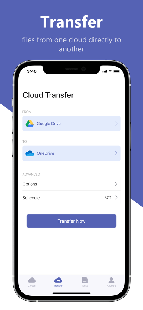 Interface of the MultCloud app showing a direct file transfer from Google Drive to OneDrive