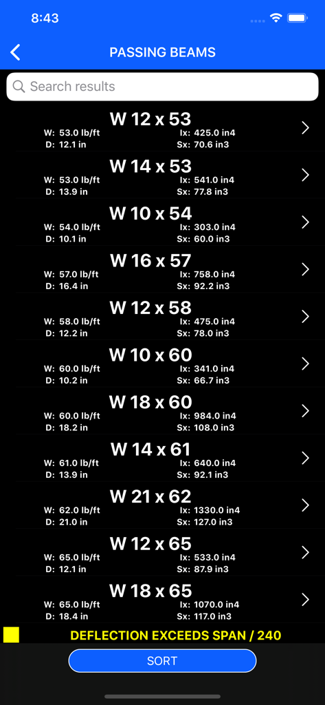 Steel Beams Bulk Checker - List of passing structural steel beams with technical specifications like weight and inertia