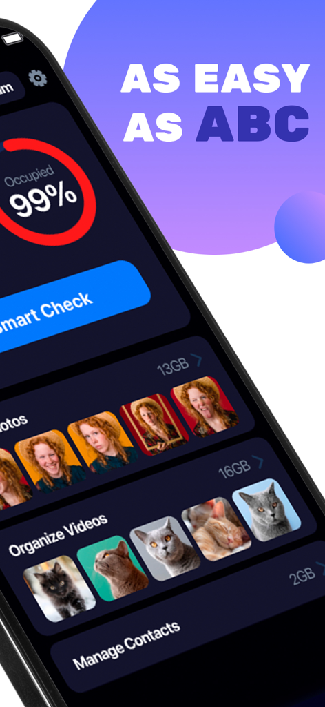 ABC AI Security Cleaner - Interfaz de la aplicación ABC AI Security Cleaner que muestra el uso del almacenamiento y la función de comprobación inteligente