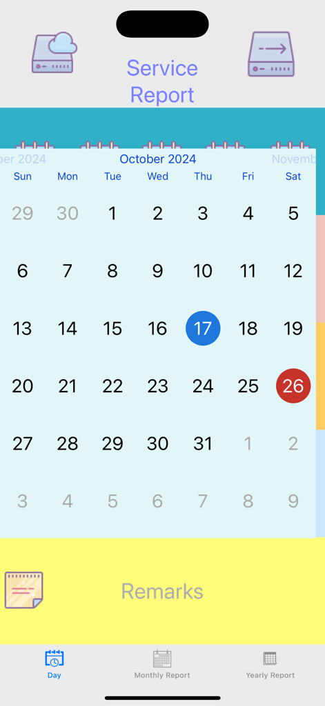 Ministry Service Report app displaying an October calendar for recording field service activity