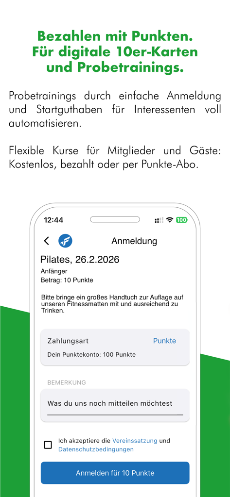 SPORTMEO Kursverwaltung & mehr - Mobile interface of the SPORTMEO app showing a Pilates class registration using a digital points payment system